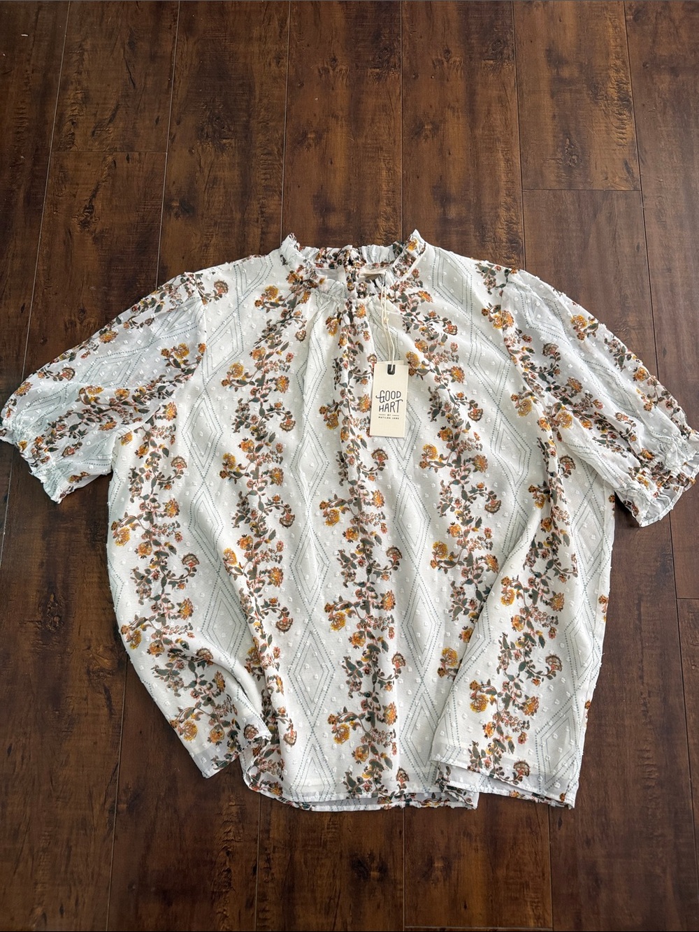 Matilda Jane (Good Hart) Cream Floral Puff-Sleeve Blouse with Mustard & Brown